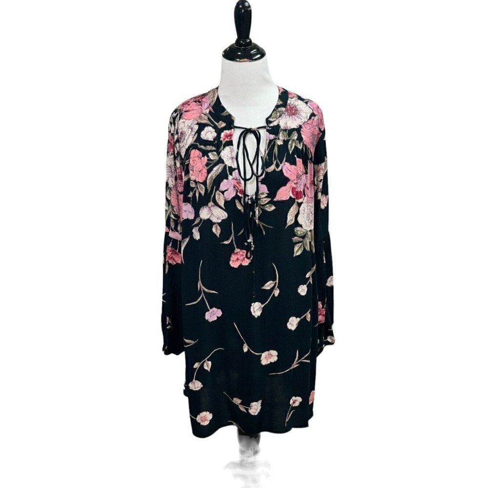 Billabong Women's L Large Tunic Blouse Top Floral Print Puff Sleeves V-Neckline